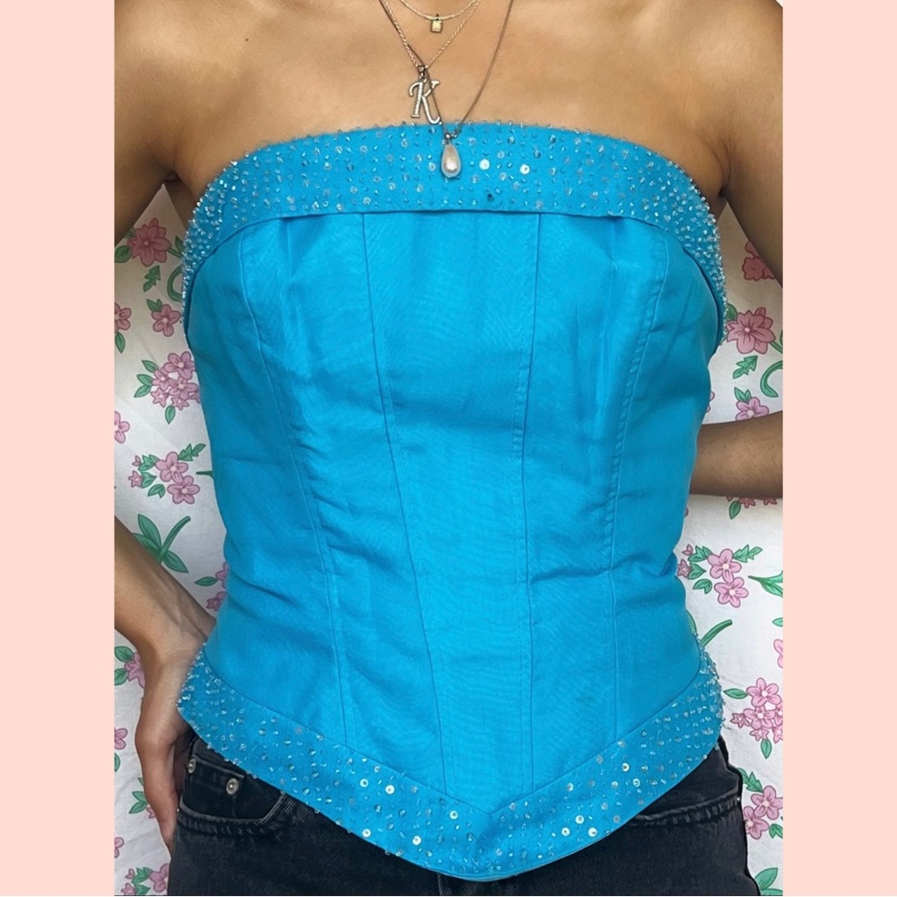 Blue Strapless Top with Rhinestone Accents